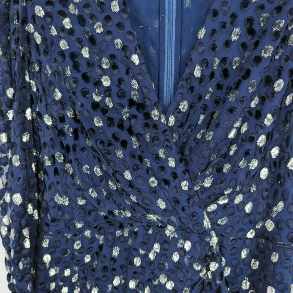 Kate Spade Scatter Dot Dress 6 Navy Silver Faux Wrap Ruffle Velvet Long Sleeve